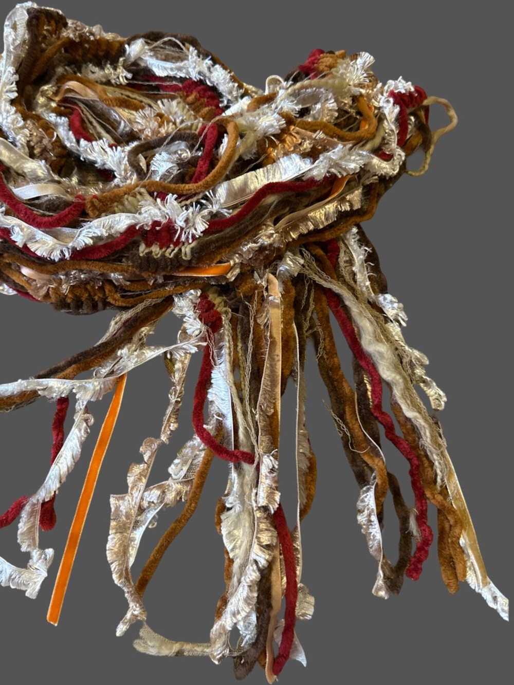 Multicolor Fringe Wrap Scarf in Brown, Red & Cream